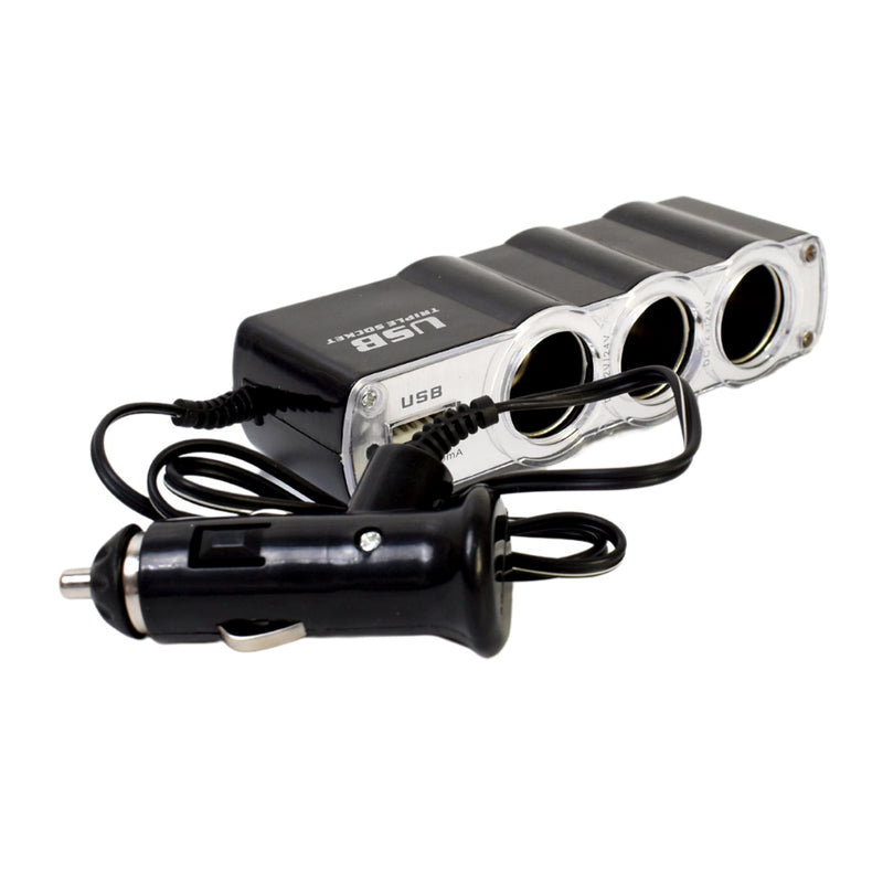 Triple 12V Car Socket Splitter + USB Charger 3-Way Power Adapter Wukusy