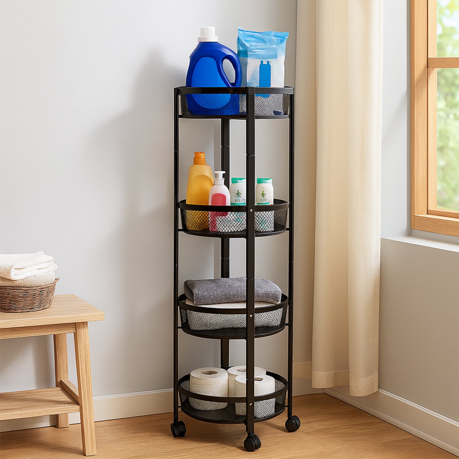 4-layer Round Metal Mesh Storage Organizer Rack With Wheels (1 Pc) Wukusy
