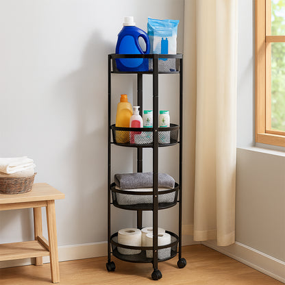 4-layer Round Metal Mesh Storage Organizer Rack With Wheels (1 Pc) Wukusy