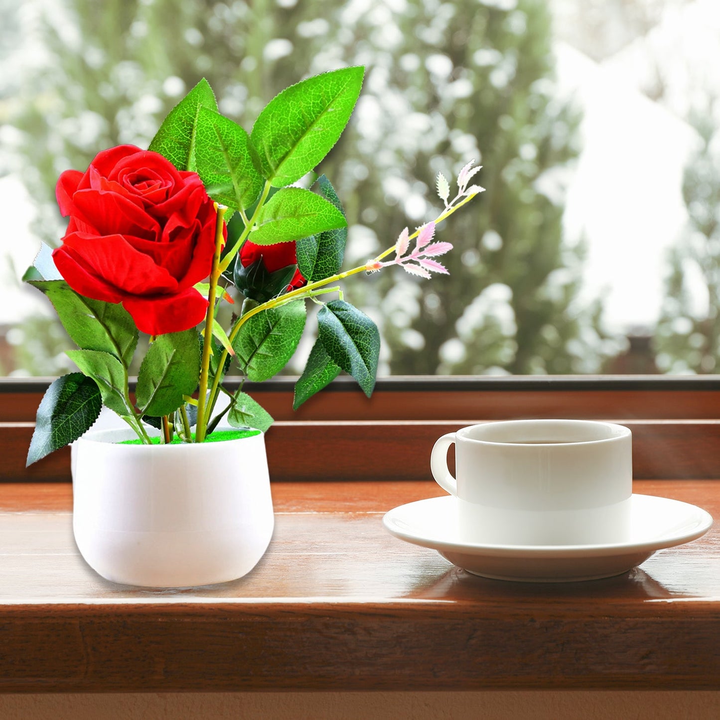 4863 Artificial Rose Flower Plant With Pot For Home Office Or Gift Wukusy