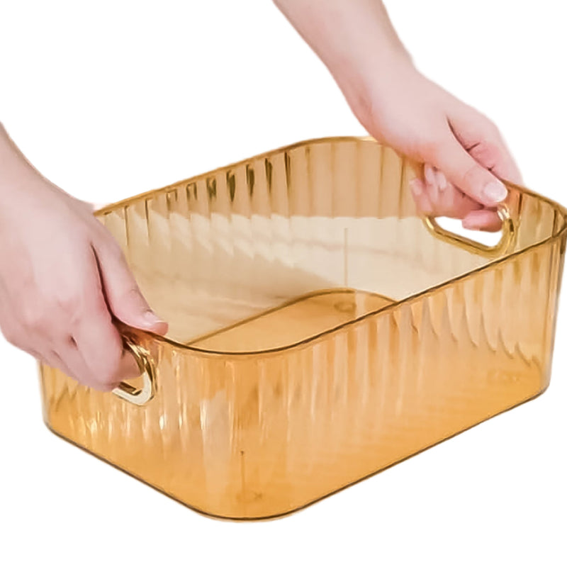 Premium Ribbed Transparent Storage Basket With Gold Handle – Multipurpose Kitchen & Home Organizer Box(25 x 14cm, 4pcs ) Wukusy