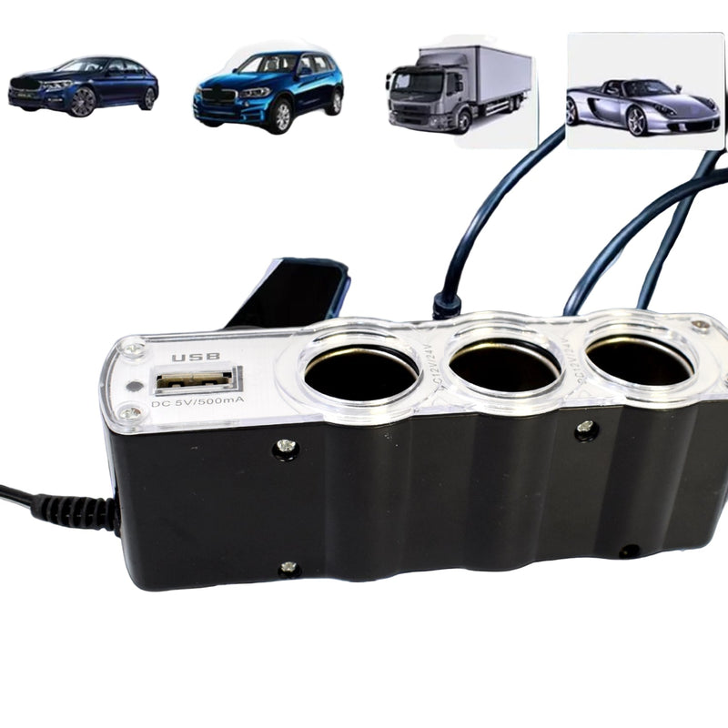 Triple 12V Car Socket Splitter + USB Charger 3-Way Power Adapter Wukusy