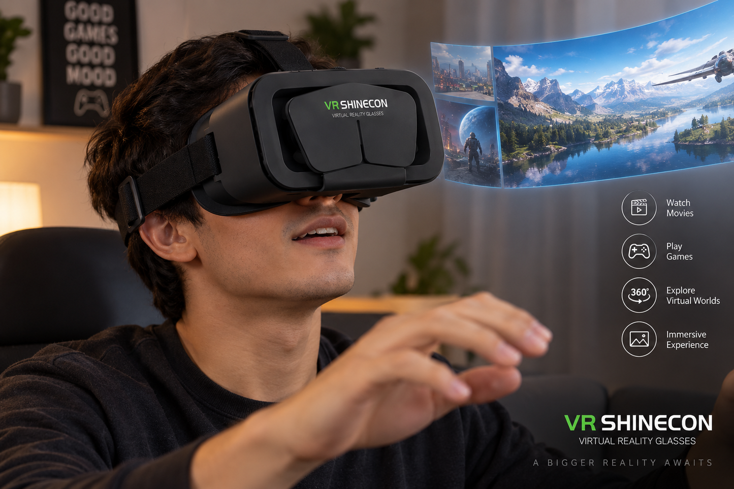 Virtual Reality Glasses Black VR – 3D VR Headset with Adjustable Straps & Immersive Viewing