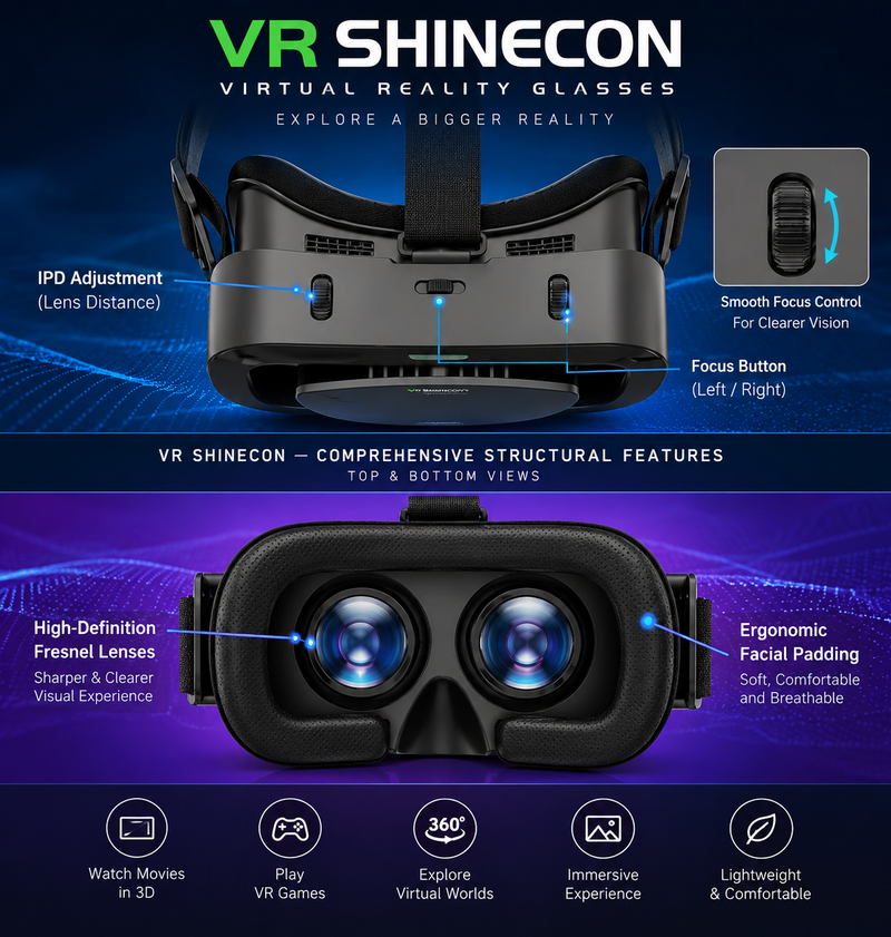 Virtual Reality Glasses Black VR – 3D VR Headset with Adjustable Straps & Immersive Viewing