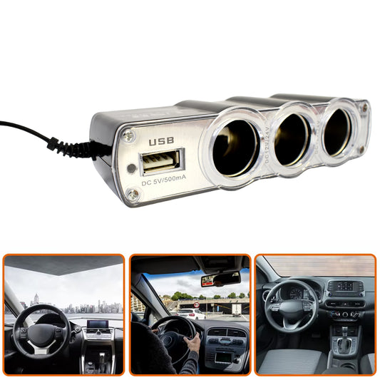 Triple 12V Car Socket Splitter + USB Charger 3‑Way Power Adapter