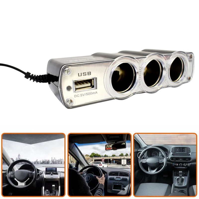 Triple 12V Car Socket Splitter + USB Charger 3-Way Power Adapter Wukusy