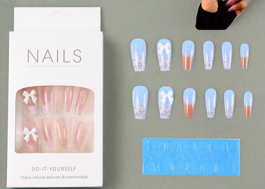 12-Piece Reusable Press-On Artificial Nails Set – Mix Design with Adhesive Stickers