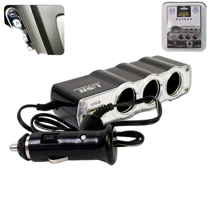 Triple 12V Car Socket Splitter + USB Charger 3‑Way Power Adapter