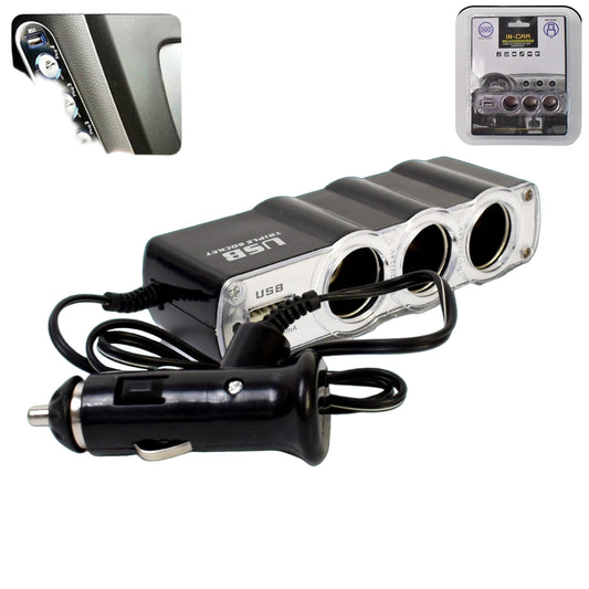 Triple 12V Car Socket Splitter + USB Charger 3‑Way Power Adapter