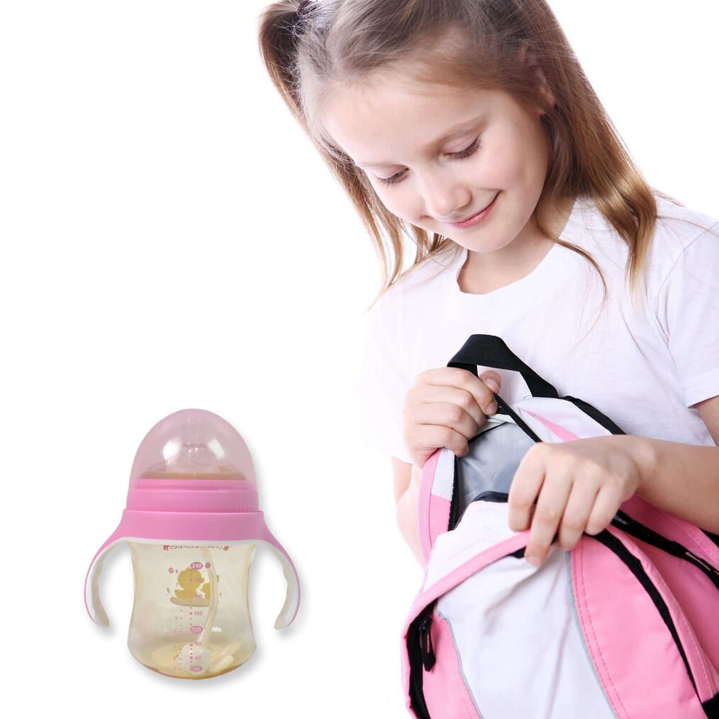 Plastic Baby Feeding Bottle with Handles, Cleaning Brush & Straw