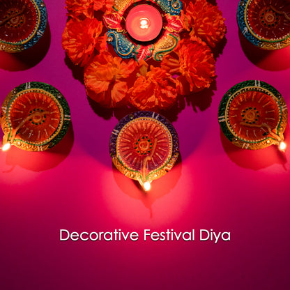Decorative Hand Painted Clay Puja Diya For Diwali Handmade Diya (6 Pcs Set) Wukusy