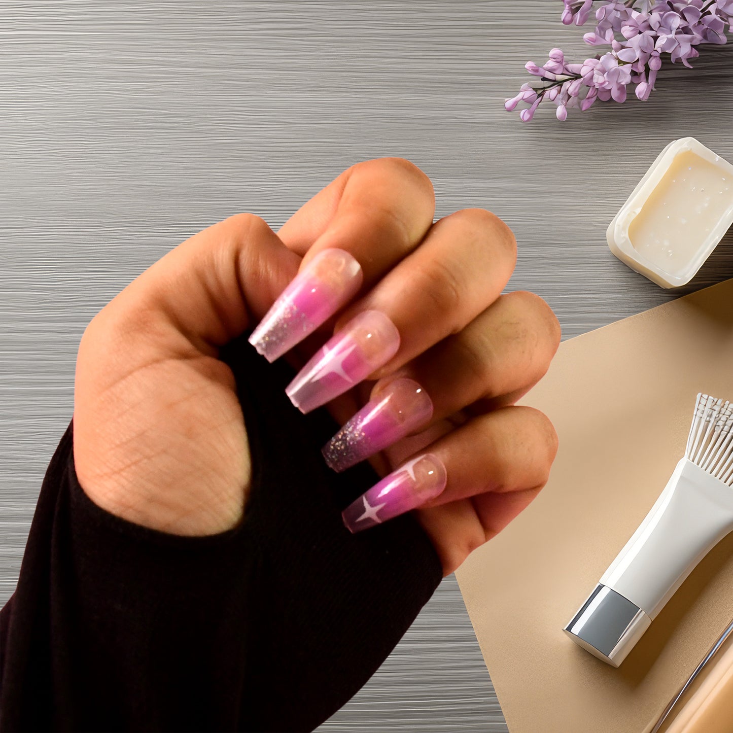 12-Piece Reusable Press-On Artificial Nails Set – Mix Design with Adhesive Stickers