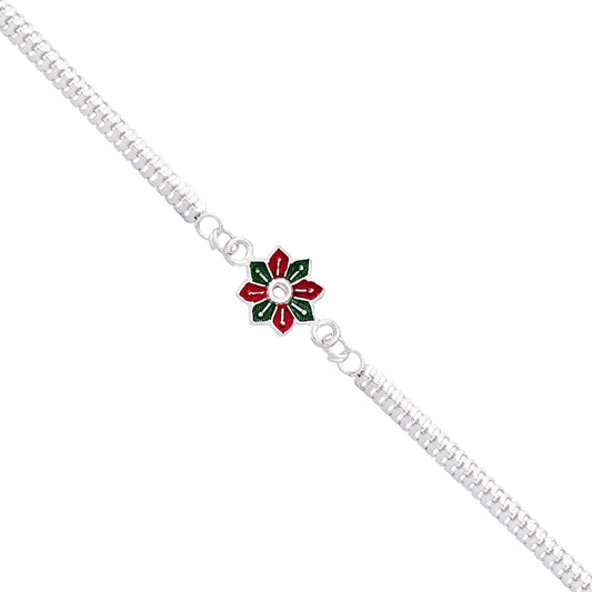 Star Floral Rakhi With Red-green Enamel And Silver Chain
